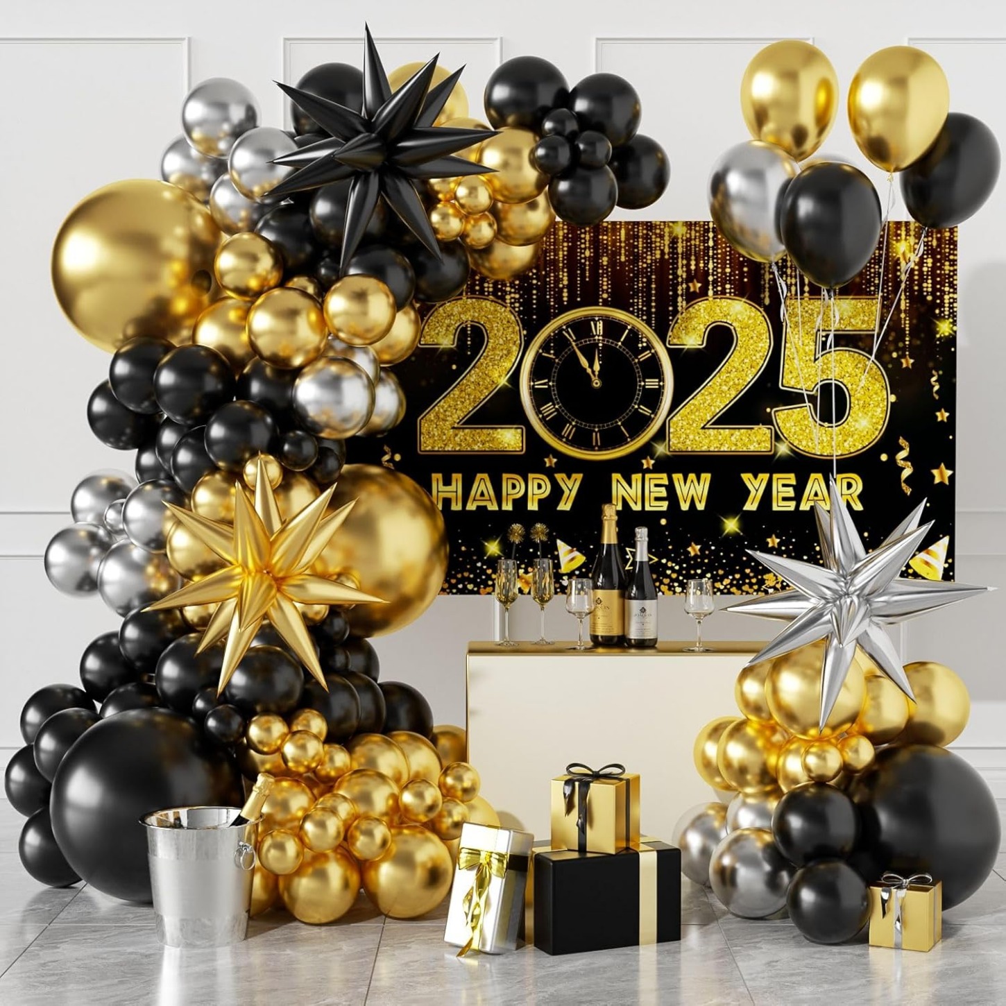 

129pcs Black Golden Balloons Garland Arch Kit With Golden And Silvery Explosion Balloon For New Year Party Decoration, Home Decoration Supplies