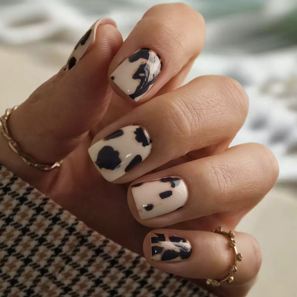 TEMU 24pcs Cow Print Press On Nails Suitable For - Milky White & Coffee Short Square False Nails With Glossy, Retro Cow, Application For, Parties,