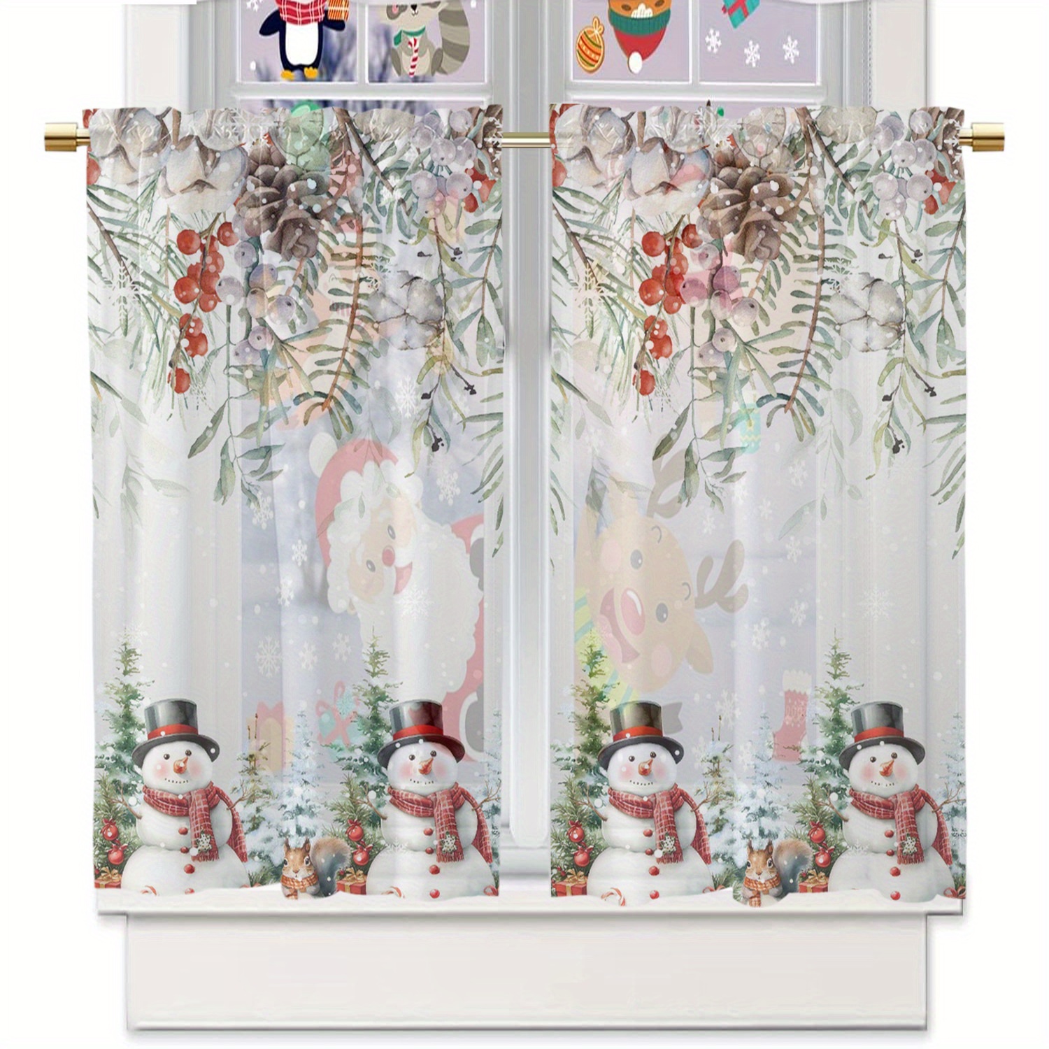 TEMU Ensemble de 2 rideaux transparents de Noël avec motif de neige, feuilles d'eucalyptus et , poche à tringle, rideaux décoratifs, filtrage de