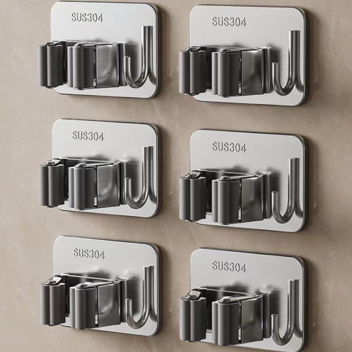 TEMU Set Of 6 Stainless Steel Mop And Broom Holders, Wall-mounted Self-adhesive Hooks, Rust-resistant, No Drilling Installation, Suitable For Kitchen