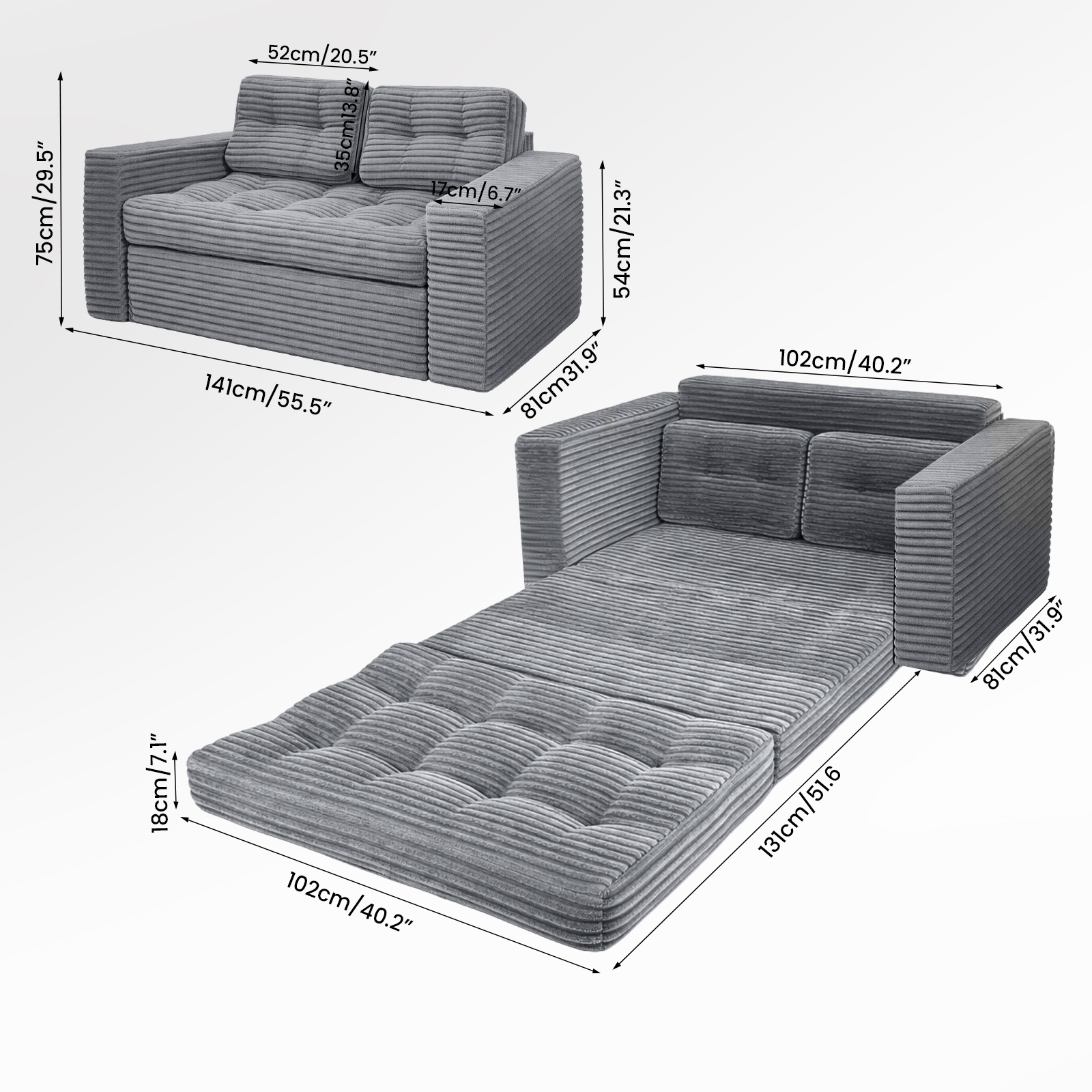 Convertible Sofa Bed With Cushions, A 2-in-1 Foldable Cord Sofa For Two, Suitable For Living Rooms, Bedrooms, And Lounges