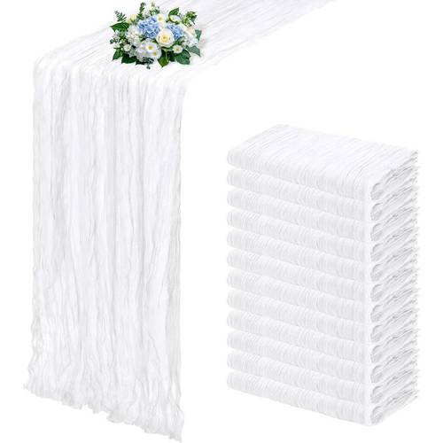 of 12 cheesecloth table runners measuring 15 6x105 inches featuring a semi gauze design weddings baby showers birthday celebrations and home or garden decor in a farmhouse style