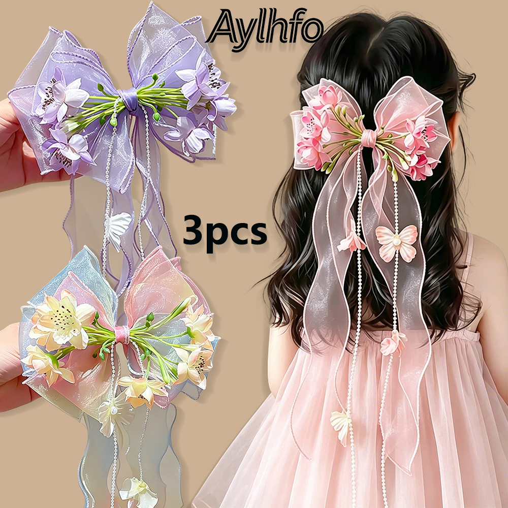 TEMU Aylhfo 3pcs Spring Summer New Long Tassel Faux Flower Bow Hair Clip Set, ' Fashion Bohemian Style Long Bead Tassel Flower Mesh Bow Side Clip,
