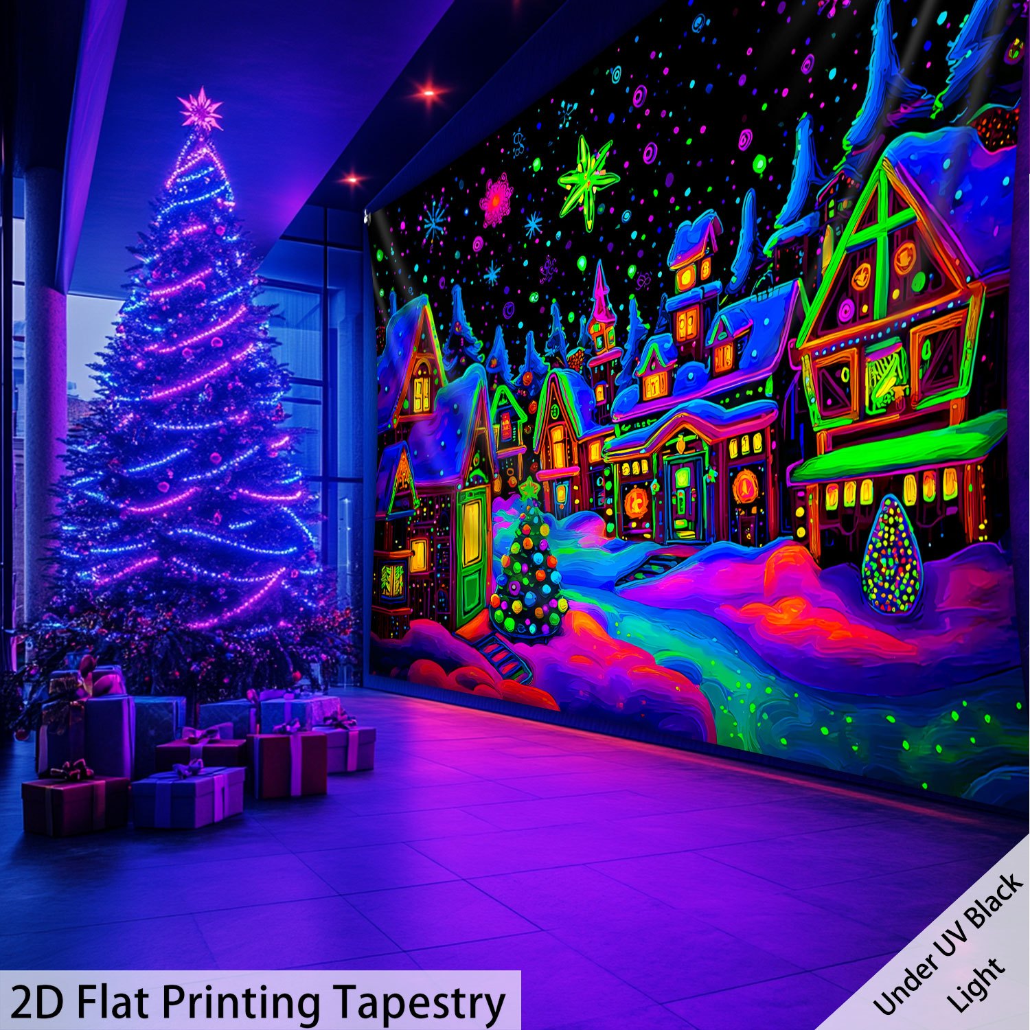 TEMU 2d Flat - 2d Flat - 1pc Of 2d Printed Fabric - Colorful Tale Christmas Town Night Sky With Snow Scene - Oversized 126 Inches By 94.5 Inches -