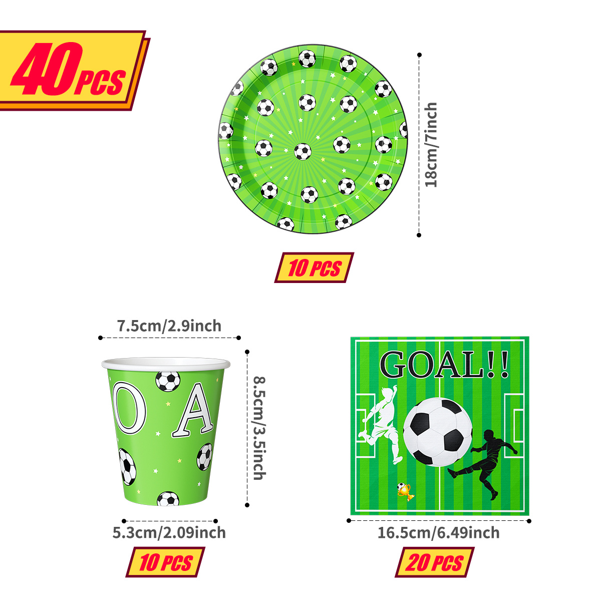 TEMU Soccer Event 2026, 40pcs Soccer Field Themed Party Supplies Set, Includes 10 Paper Plates + 10 Paper Cups + 20 Napkins, Suitable For Gatherings