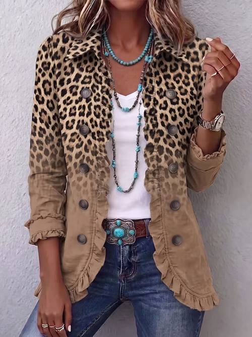 womens leopard print collared long sleeve button front ruffle trim flared jacket womens fall and winter jacket sophisticated for daily commutes and weekend in fall and winter
