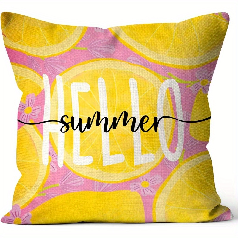 E-shop 1 Stück Hello Summer Zitronen-Blumen Kissenbezug 18x18 Zoll - Lebhaft Gelber Dekokissen mit Reißverschluss, Maschinenwaschbar für Outdoor-Sofa,