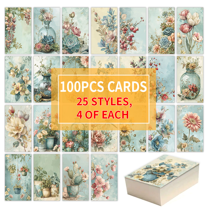 

100pcs Vintage Floral Greeting Cards Set, Gentle Botanicals Design, Assorted Motivational & Love Themes, Valentine's Day, Easter, & Life Celebrations, Paper Material