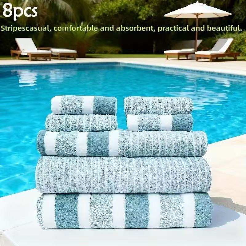 TEMU 8pcs Luxury Coral Spa Towel Set - Microfiber, Quick-drying, Highly Absorbent, Gray And White Striped Design, Includes 2 Bath Towels, 2 Hand