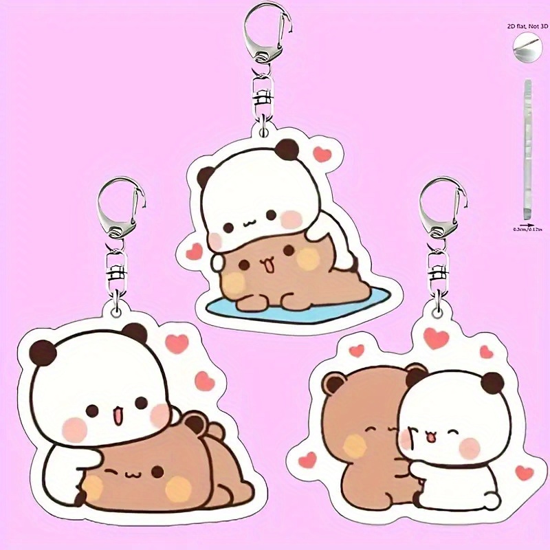 TEMU 2d Flat - [2d Flat] 3pcs Anime Dudu And Bob Couple Keychains - Cute Panda Design, Valentine's Day Gift, Birthday Anniversary Present, Women,