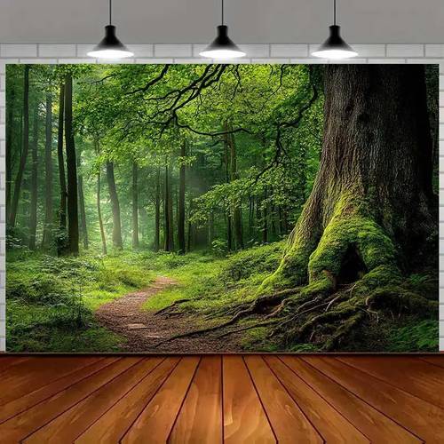 1 stück üppiger waldweg tapisserie-hintergrund – bezaubernde waldszene mit majestätischen bäumen & lebendigem grün, naturinspiriertes wandbild für wohnkultur, geburtstagsfeiern, outdoor-feiern & mehr, dekoration für outdoor-feiern