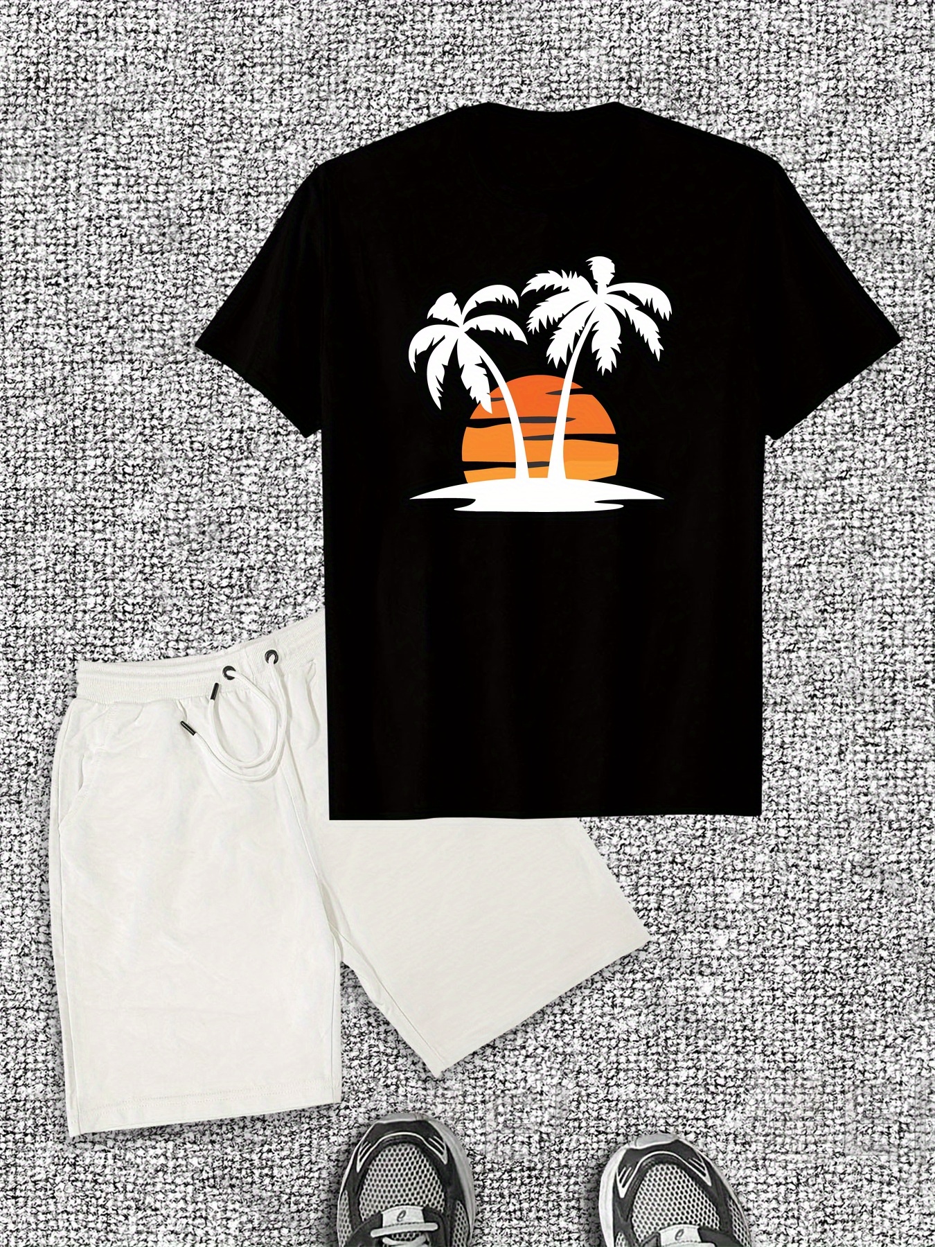Men'S Casual Summer Shorts and T-Shirt Set, Cotton Crew Neck with Tropical Palm Tree Print, Regular Fit, Slight Stretch Fabric - Ideal for Beach or Vacatio