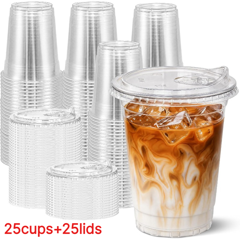 TEMU 50pcs (25 Cups + 25 Lids) 14oz (400ml) Transparent Plastic Cups With Lids, Clear Cold Cups For Iced, Juice, Soda, Tea, Smoothies, Party, Café,