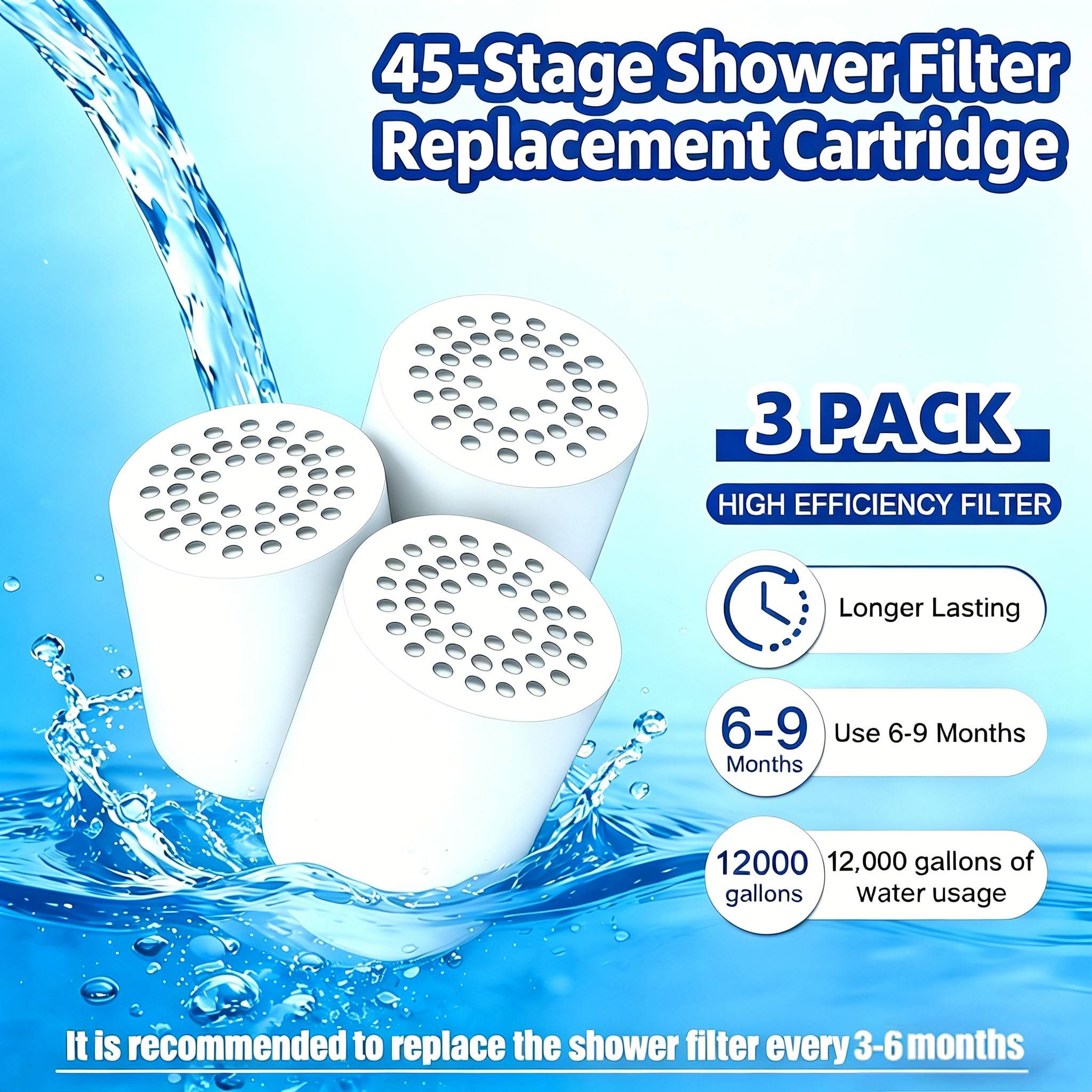 TEMU 3pcs Noyau de remplacement de filtre à eau de douche à 45 niveaux, modèle universel compatible avec divers filtres de douche et purificateurs