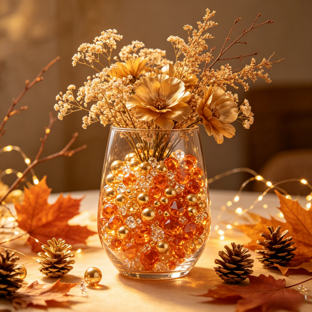 TEMU 930pcs Golden Round Beads & Orange Acrylic Diamond Vase Filler, Festive Table Ornaments For Thanksgiving Autumn Wedding Birthday Party