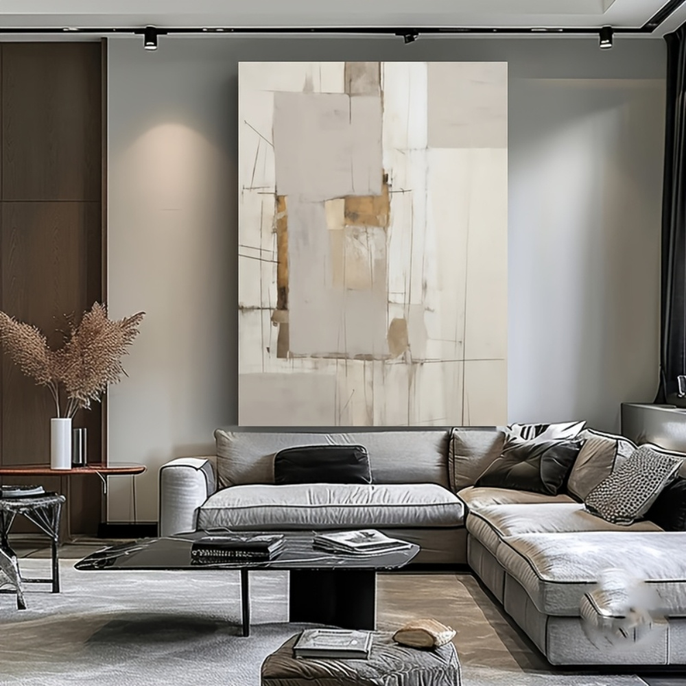 Large Modern Abstract Hand-Painted Framed Canvas Wall Art - Neutral Beige Brown Gray White Black Textured Oil Painting - Extra Large Mural Suitable for Living Room, Bedroom, Office Decor - Designer-Friendly Neutral Palette, Framed Ready to Hang