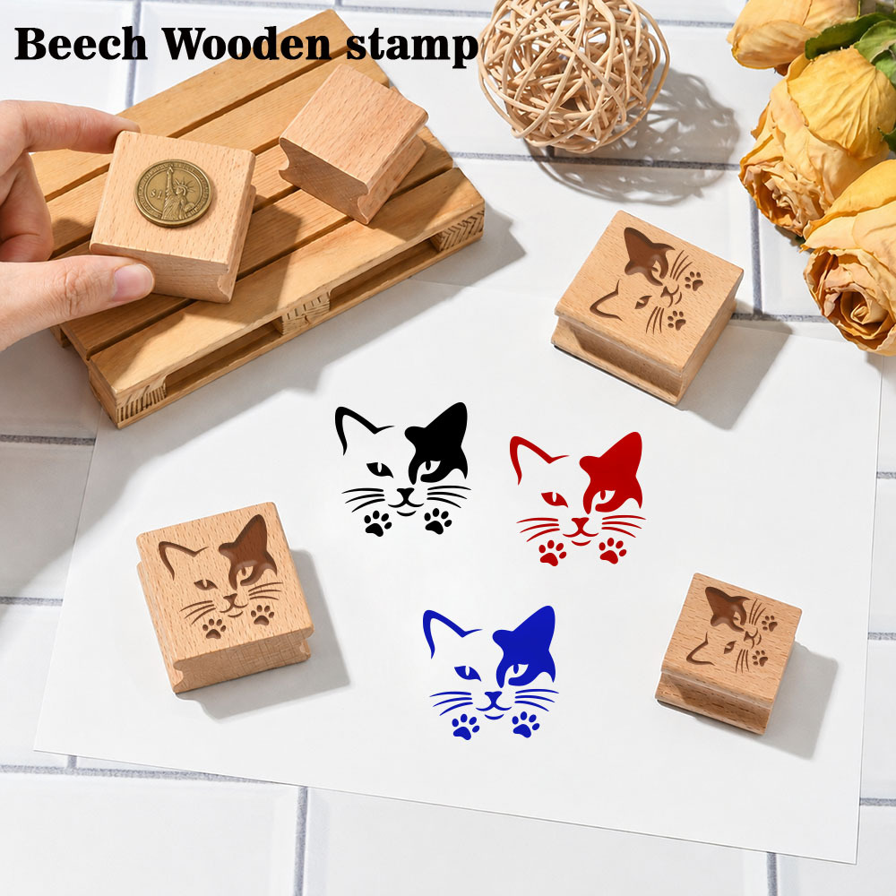 Cool Cute Flower-Faced Cat Paw Print Wooden Stamp