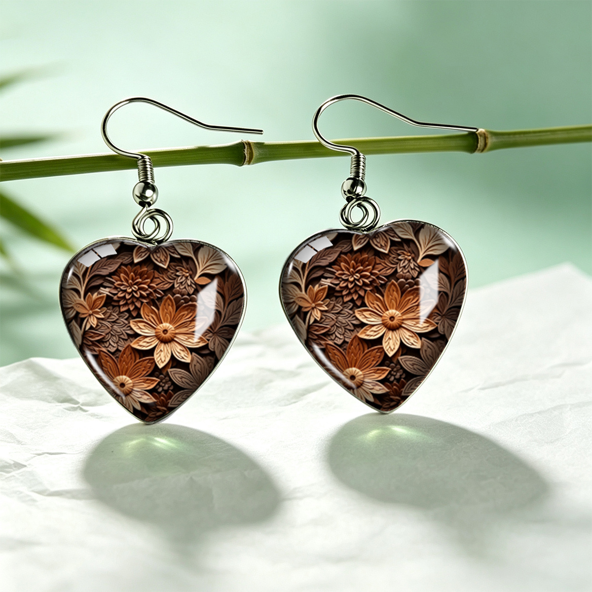 TEMU 1 Paire de Boucles d'Oreilles de Cœur à Imprimé Floral dans les Marron, Accessoires d'Oreille Doux et Atmosphériques de Style Forêt