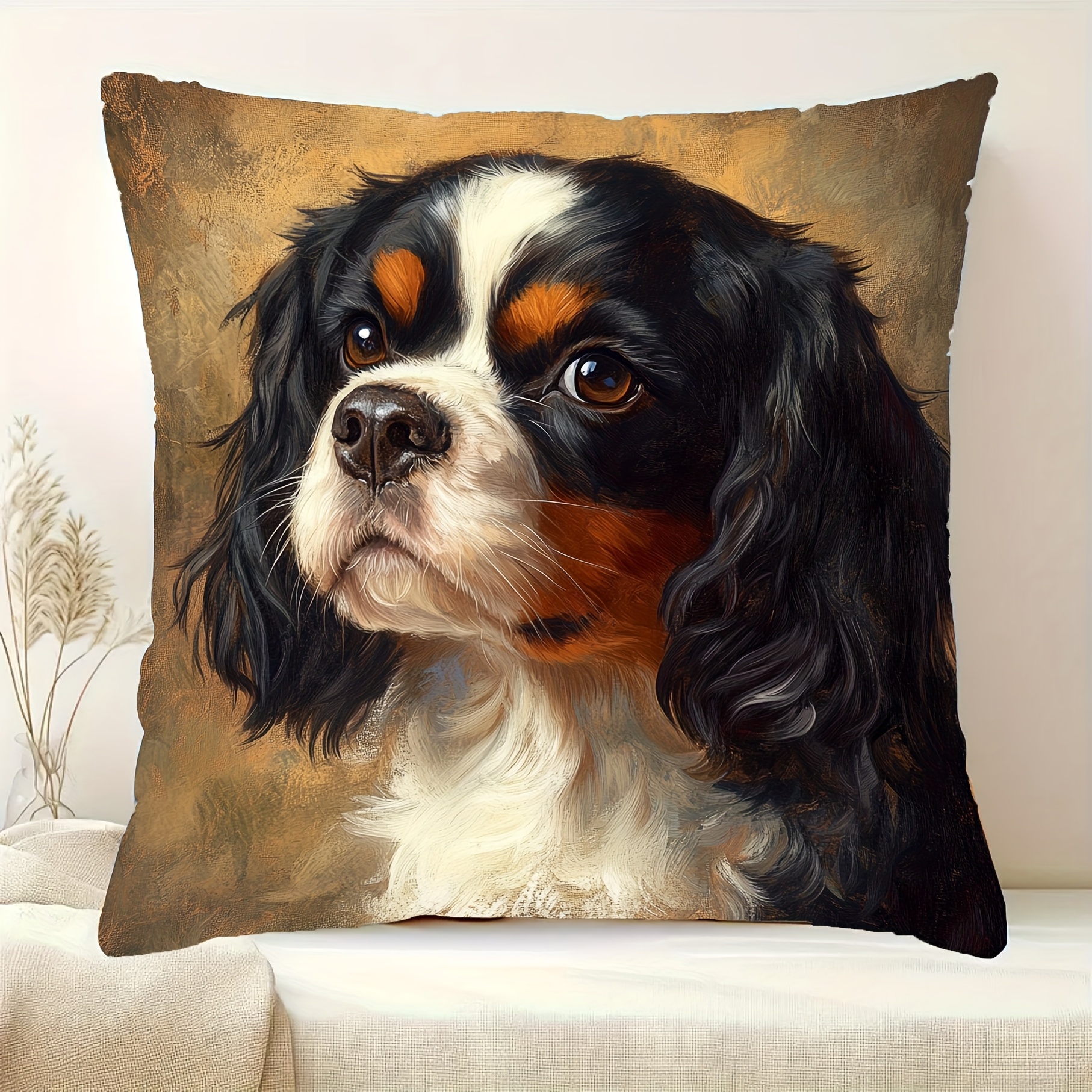 TEMU 1pc Velvet Pillowcase, Elegant King Charles Spaniel Pillowcase, Soft Polyester Fiber, Zipper Closure, Machine Washable, Suitable For Sofa And