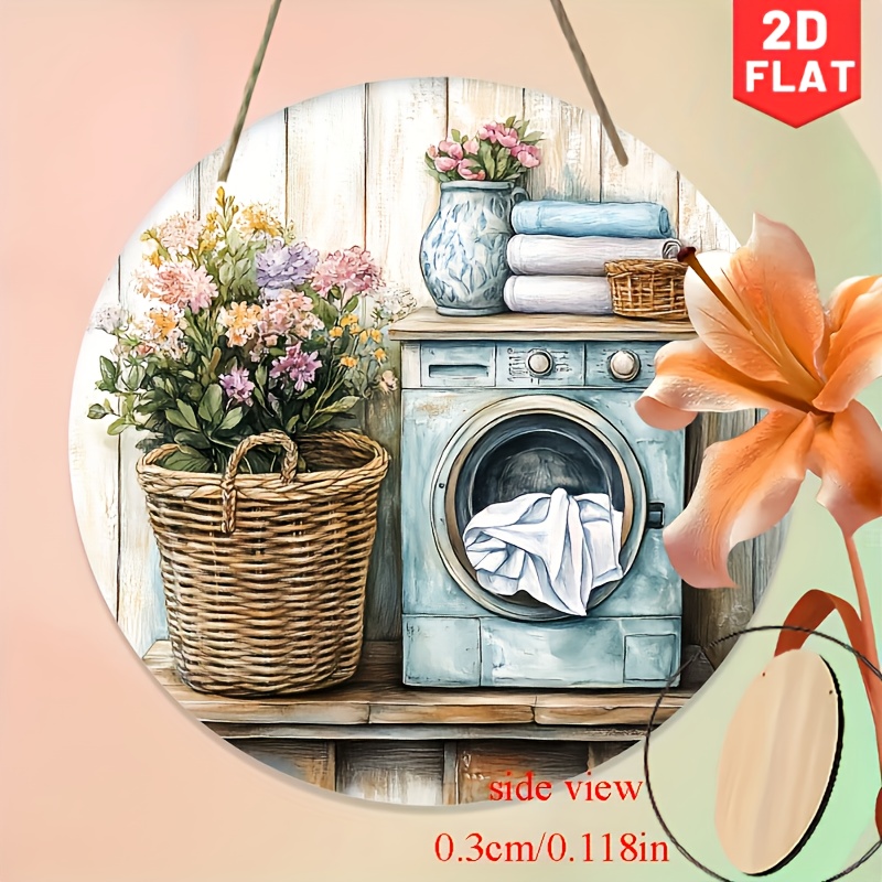 TEMU 2d Flat, Wood Round Wall-mounted Laundry Sign - Rustic Farmhouse Decor Suitable For Home, Bedroom, Porch & Bathroom - Vintage Artificial Wood