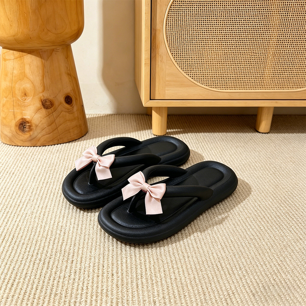 TEMU Cute Satin Bow Flip Flop Slides For Women - Thick Sole Shower Slippers, Cushioned Bathroom Sandals, Quick-drying Indoor House Slippers With Bow