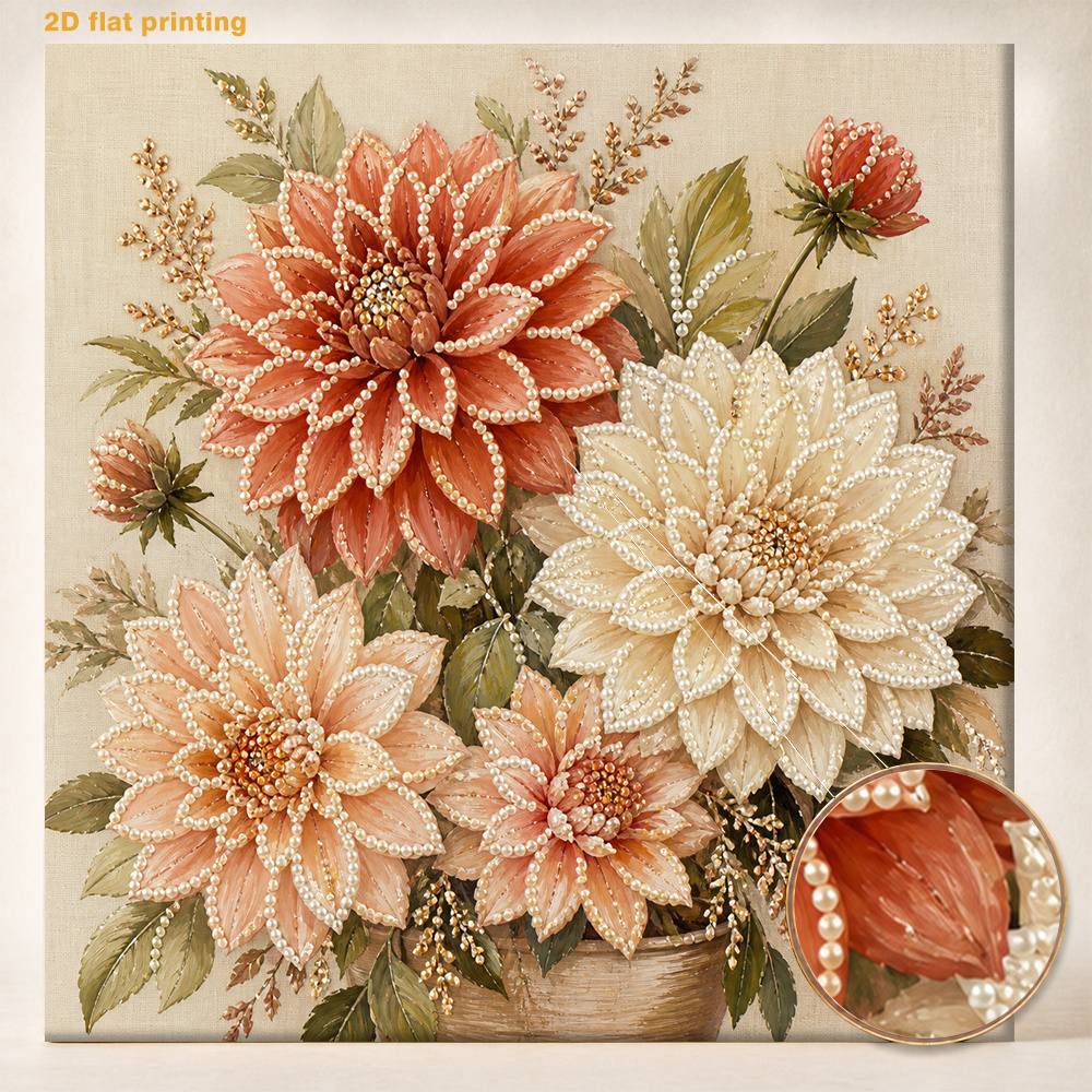 TEMU 2d Flat Printing New Diy Pearl Art Painting Kit - Orange And Cream Dahlia Bouquet Pattern, 11.8 X 11.8 Inches, Includes Round Pearls, Sparkling