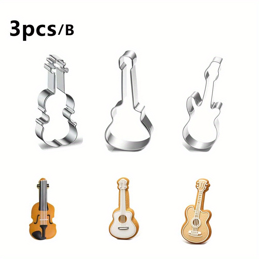 3pcs/set Musical Instrument Stainless Steel Sugar Flipping Biscuit Cutting Mold, Musical Talisman Guitar Violin Shape Baking Mold
