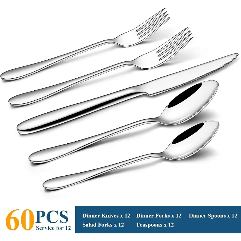 60pcs silverware set stainless steel flatware set service for 12 tableware cutlery set for home kitchen polished dishwasher safe, cutlery sets for dining, restaurant supplies, kitchen essentials, modern silverware, stylish utensils, professionalgrade cutlery, durable silverware, complete tableware, flatware collection, , event planners Product details 1