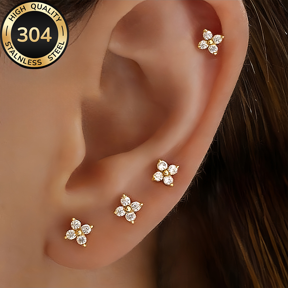 TEMU Lot de 4 paires de boucles d'oreilles, clous d'oreilles dorés hypoallergéniques en acier inoxydable 304 de haute qualité, , -ternissage, simples