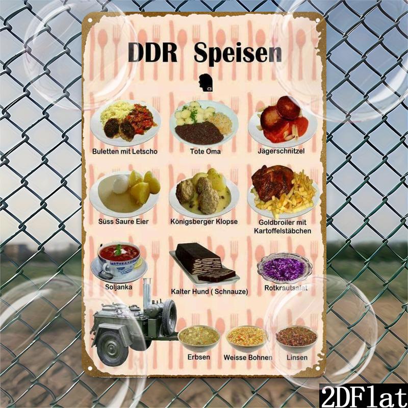TEMU 2d Flat - A Vintage Metal Sign Featuring A 2d Flat Design Of German Cuisine From The Ddr Era, Measuring 20.32x30.48 Cm. This Retro Wall Art