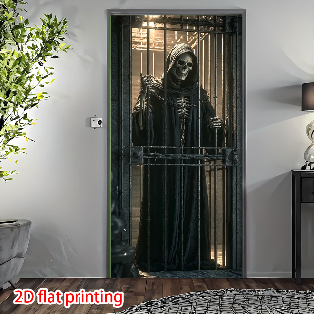Image of 2d Flat, 2d Door Banner, 2d Flat Banner 1pc Gothic Reaper Door Banner - 2d Flat Printed And Cage Decoration, Horror Wall Hanging, Suitable For Halloween Parties, Indoor/outdoor Use, 2d Flat