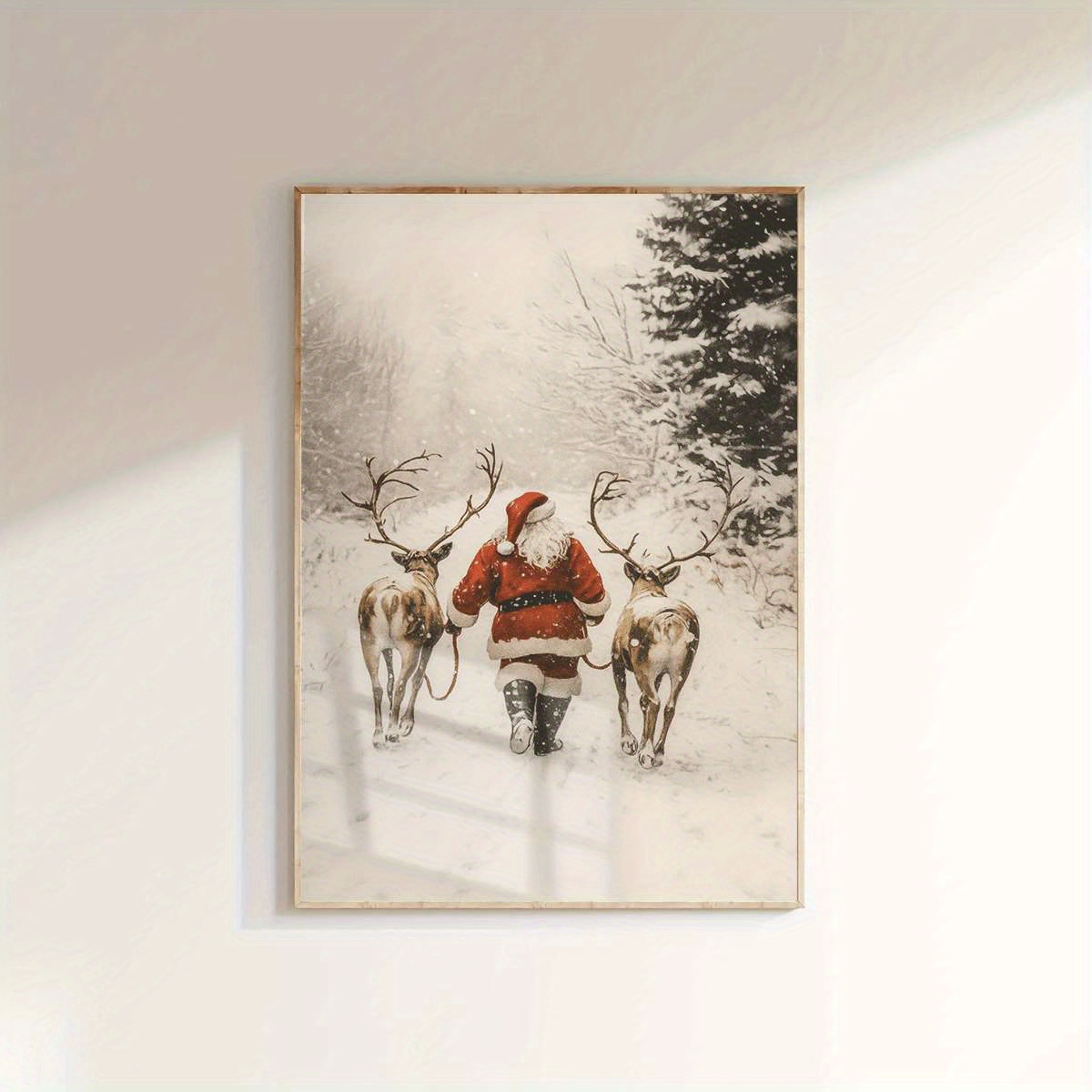 TEMU 2d Flat, 2d Flat, 1pc 2d Flat Prints Featuring Santa Claus And Reindeer, Designed As Vintage-style Art Posters. Unframed Canvas Prints Serve As