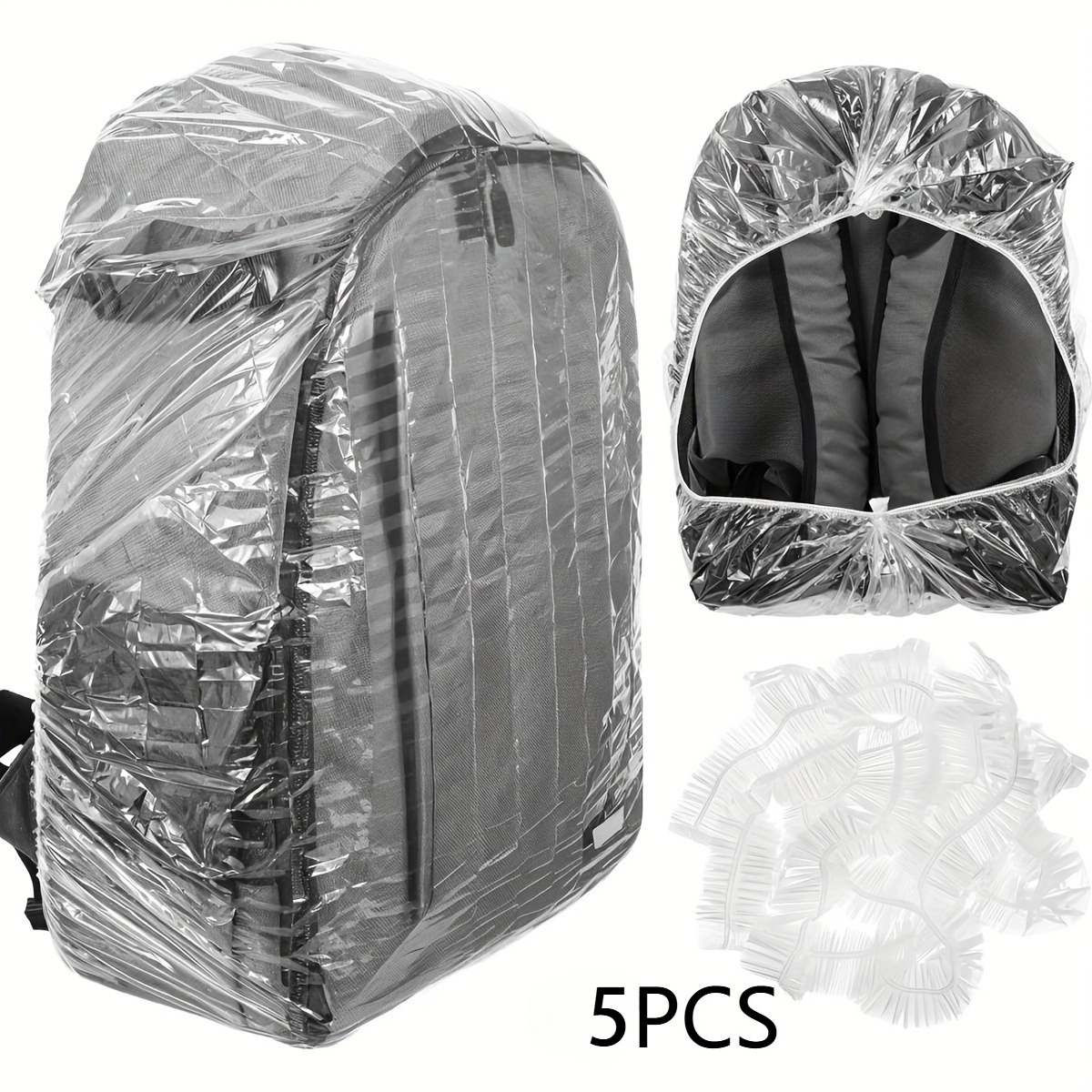 TEMU 5 piezas de cubierta de lluvia desechable para mochila, protector elástico con cordón, se a mochilas de 15L-40L (3.96.57 galones), capucha para