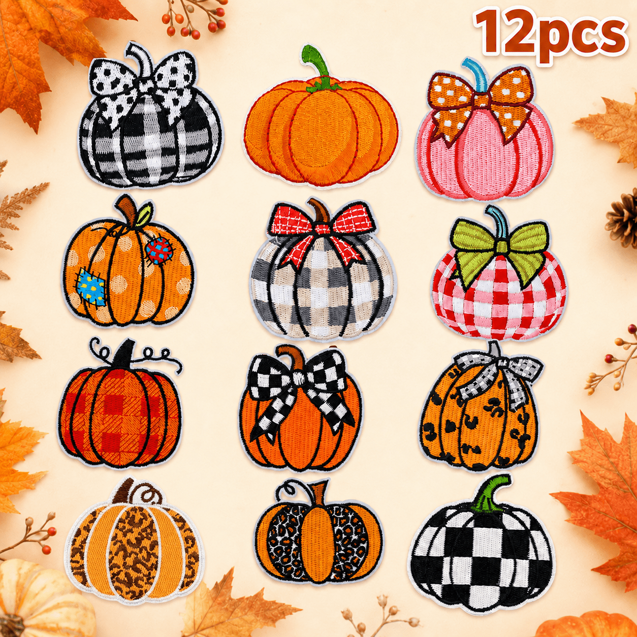TEMU 12pcs Autumn Pumpkin Bow Embroidery Iron-on Patches, Halloween Thanksgiving Leopard Print Appliqués, For Clothing, Denim Jacket, Hat, Backpack