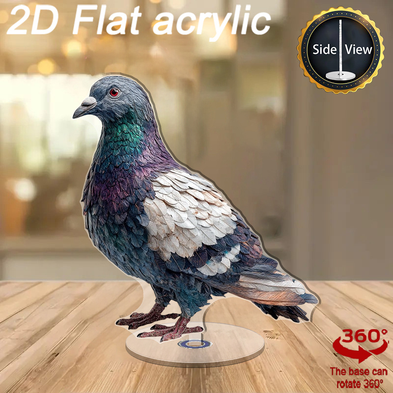 TEMU 2d Flat - A 2d Flat Sculpture Of An Elegant Pigeon Made Of Acrylic, Featuring A Colorful For Desktop Decoration. It Has A Sturdy Round Base