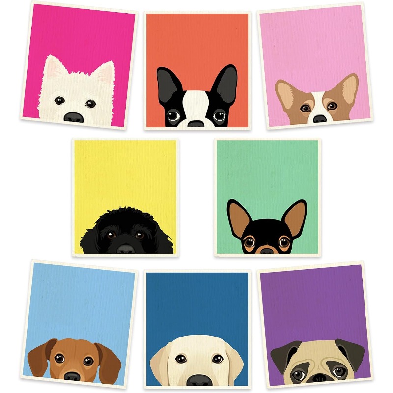TEMU 8pcs Pack Swedish Dishcloths Suitable For Home, Kitchen, Housewarming - Reusable Absorbent Wood Fiber Towels With Cute Puppy Patterns, Colorful