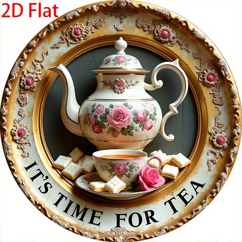 TEMU 2d [activation] 2d Flat - 1pc Vintage "" Round Wall Art Sign - Wooden Decor With Floral Teapot And Cup Design, Perfect For Kitchen, Garden, Bar,