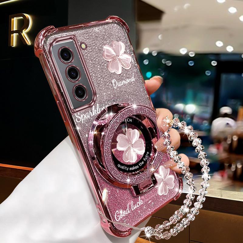 TEMU Étui téléphone : Luxe Clover Airbag Bracelet Magnétique Pailleté Support Téléphone pour Galaxy S21 GalaxyS21 5G - Antichute Coque Arrière avec