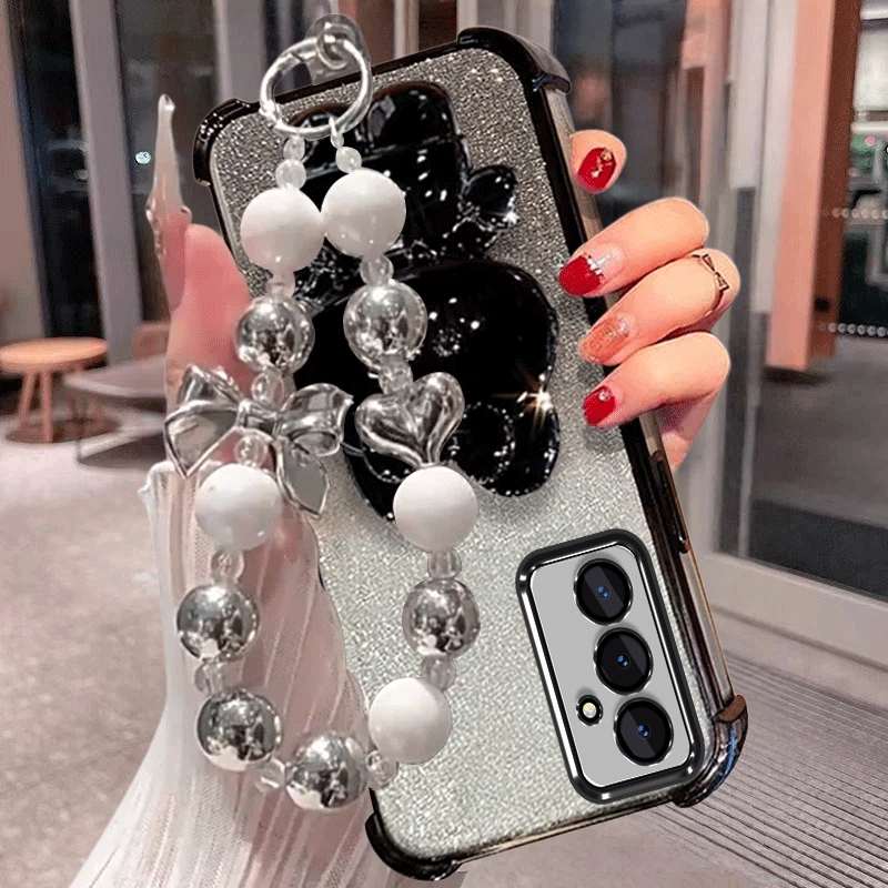TEMU Phone Case: Phone Case Suitable For A17 Cartoon Cute Stand, Makeup Mirror, Gradient Glitter Anti Drop Soft Shell, Back Cover, Bow Bead Bracelet
