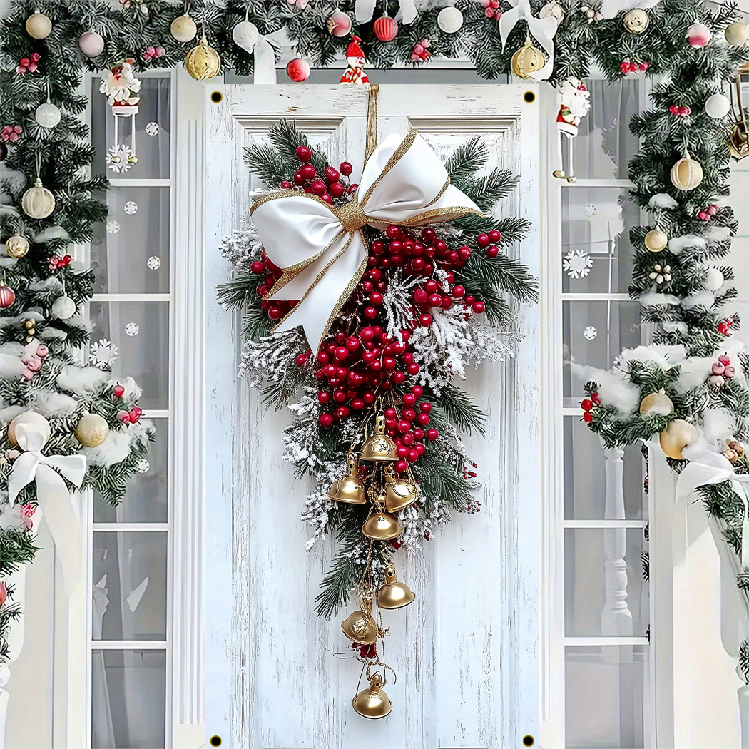 

1pc Modern Polyester Christmas Door Wreath, Holiday Wall Hanging With Berries And Bells, Knitted Over-the-door Flag For & Winter Decor, No Batteries Needed