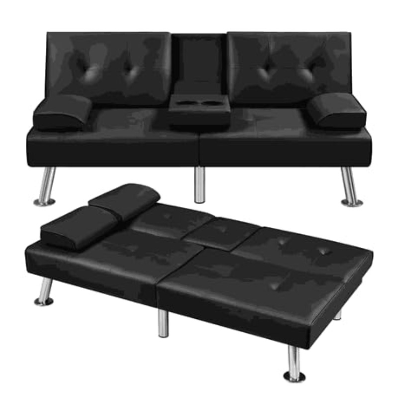 Modern Faux Leather Sofa Bed with Adjustable Recliner And Cup Holders Black