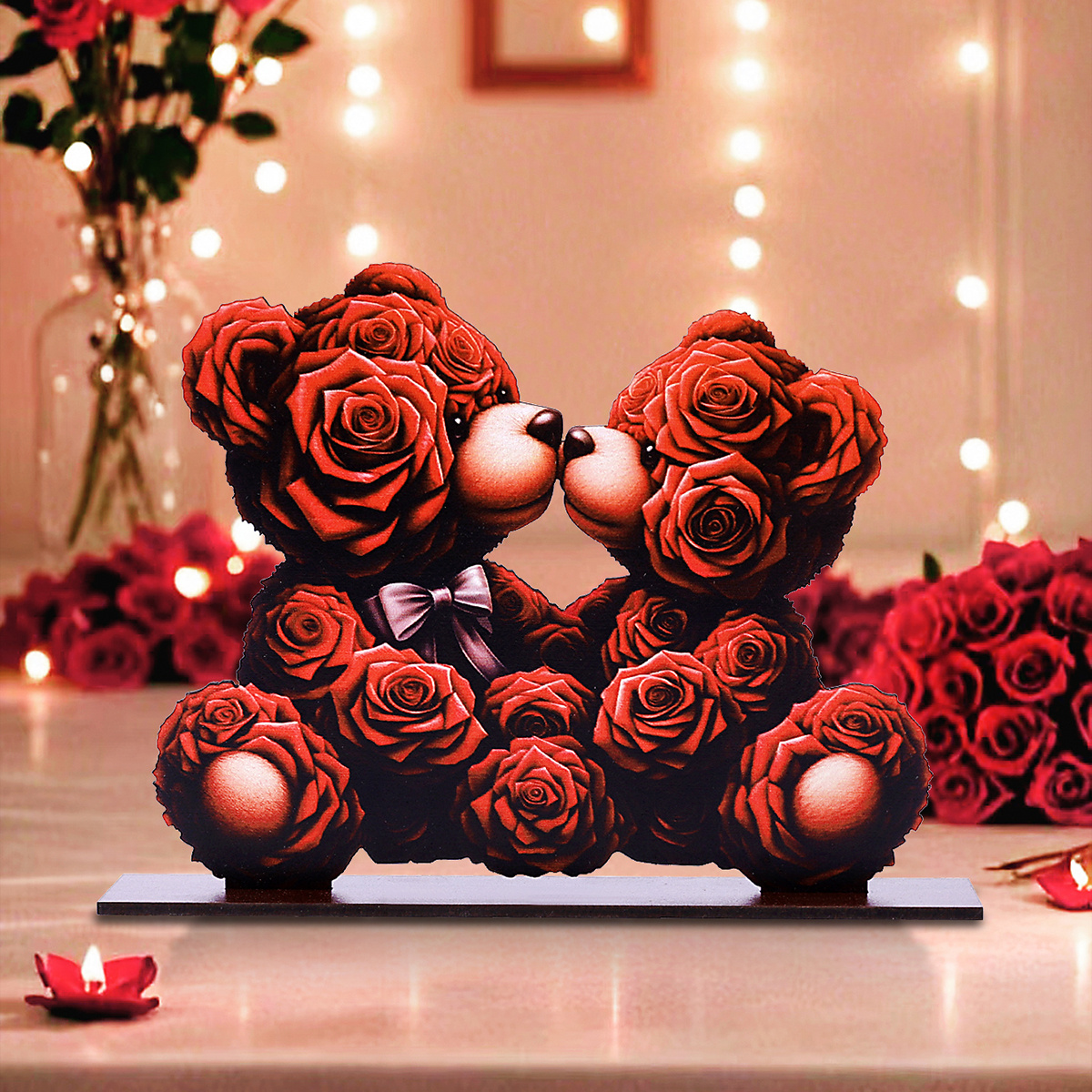 

1pc Romantic - 3d Teddy With Red Roses & Bow Tie, Valentine's Day & Anniversary Gifts | Ideal For Tabletop, , Shelf Decor | Home Accent, Desktop Ornaments, 2d, Table Sign, Couple