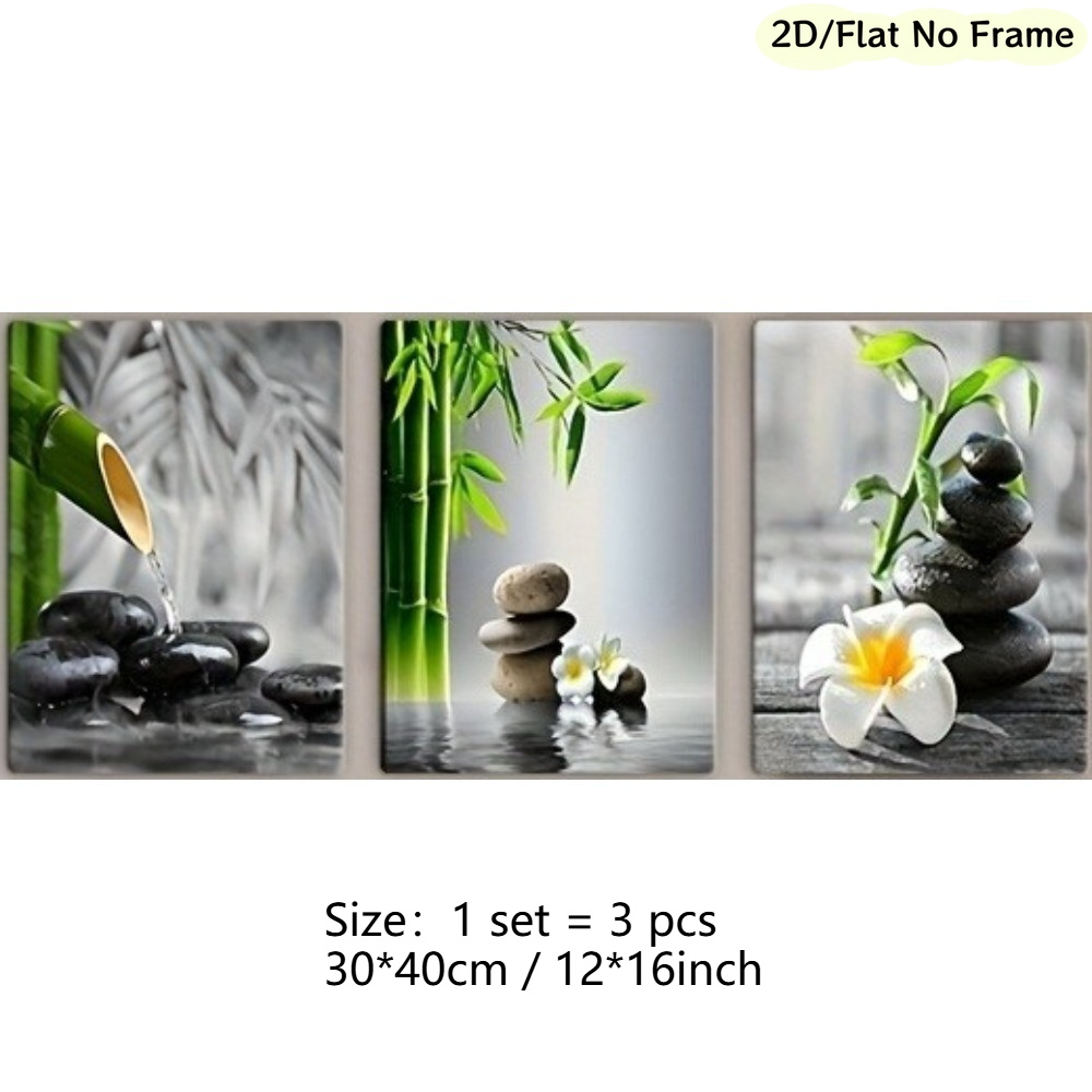 TEMU 2d Flat, 2d Flat, 2d/flat Frameless, 3pcs Zen Black And White Canvas Poster Set, Gray-green Accents For Wall Decor, Suitable For Zen-style