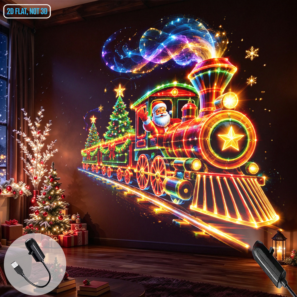 TEMU Lampe de chevet projecteur LED portable alimentée par USB, thème train de Noël, motif train de Père Noël, décoration , lampe de projection ,