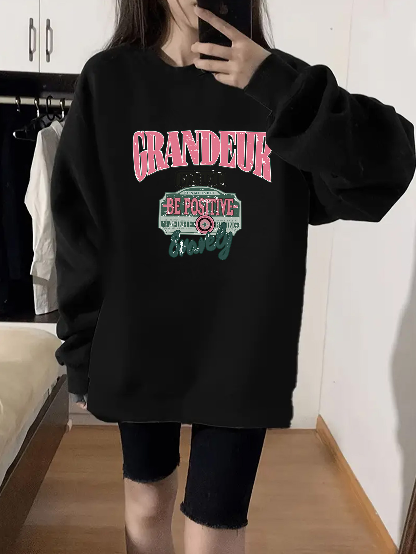 Women'S Positive Affirmation Cotton Sweatshirt, Crew Neck Long Sleeve Knit  Pullover, Casual Black Jumper with Alphabet Print for Fall/Winter