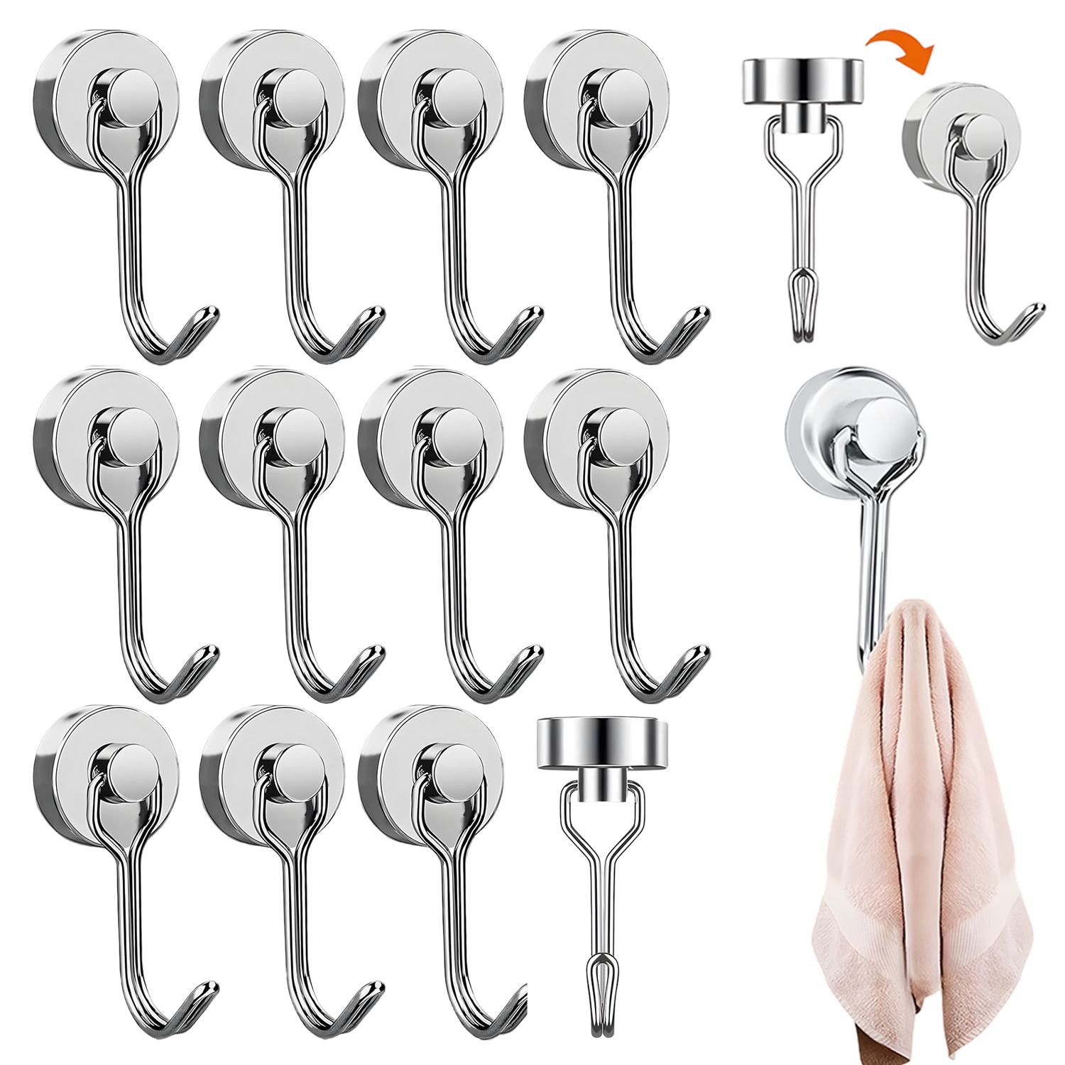 Image of Set Of 12 Small Magnetic Hooks With A 20mm Diameter And A 180° Rotating Feature, Ideal For Use In Kitchens And Offices, Of Holding Vertical
