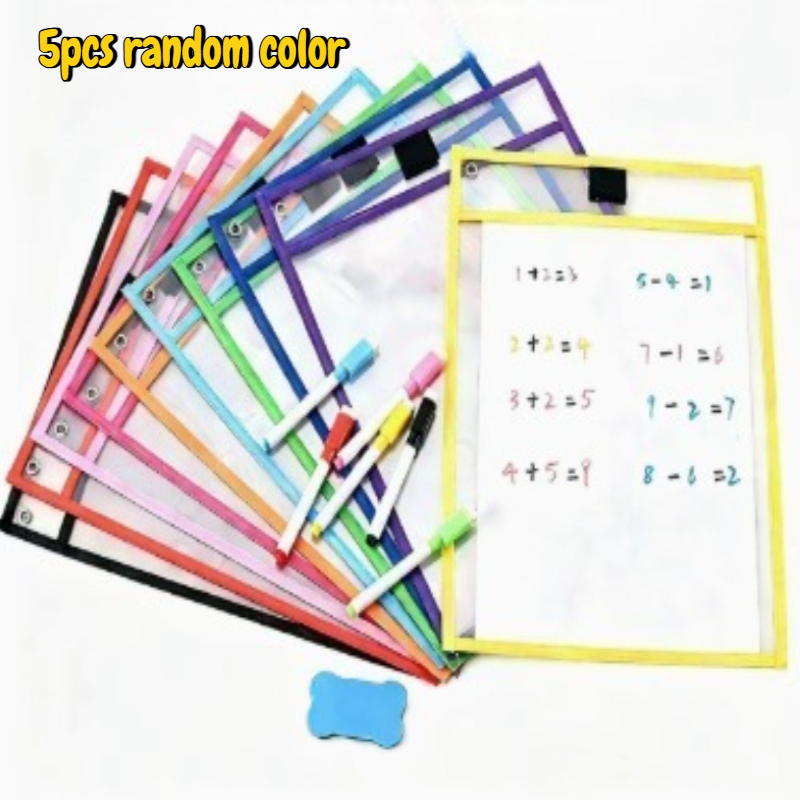 TEMU 5pcs Random Color - A4 Erase Pocket Sleeves - Reusable Writing Pouches For Classroom Organization & Office Supplies Portable Erasable Practice