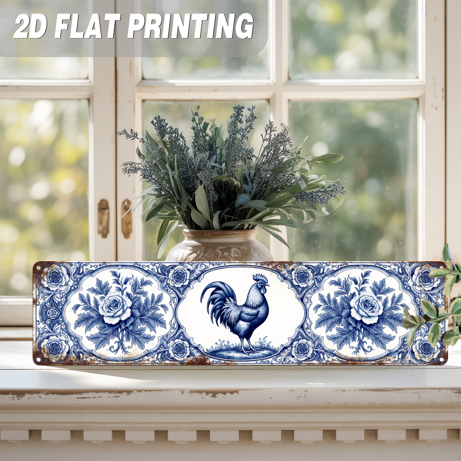 TEMU 2d Flat, 1pc Vintage Blue Rooster Wooden Wall Hanging Plaque With Rose And Foliage Pattern - Farmhouse Style Rooster Themed Decor, Suitable For