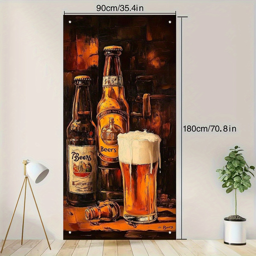 TEMU 2d Door Banner 1pc Vibrant Beer & Party Banner - 35.4x70.8 Inch Polyester Door Banner With Golden Beer Bottles & Glass, Weddings, Birthdays,
