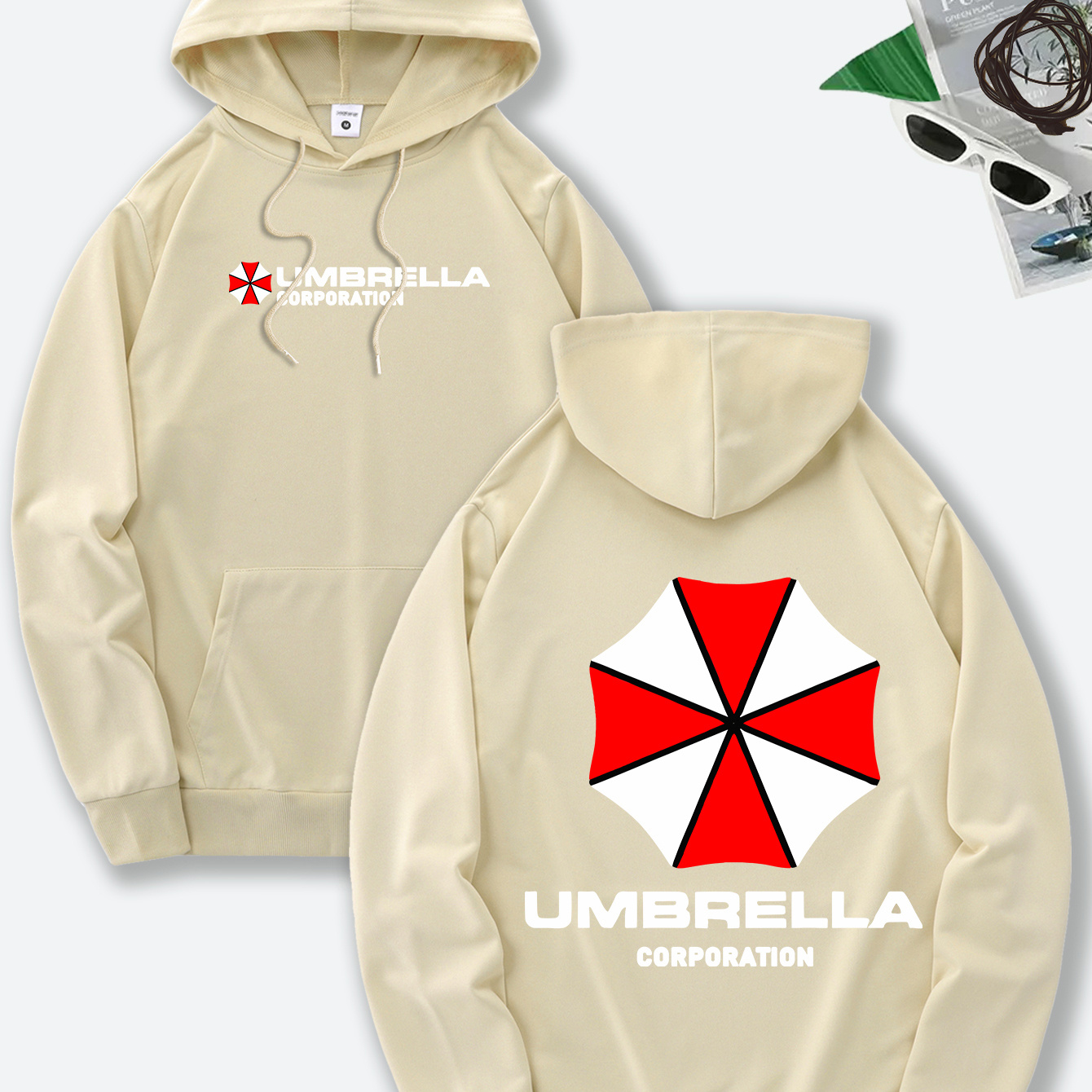 

Design, Men's Casual "umbrella" Graphic Hoodie - Pullover With Red And White , Drawstring, Kangaroo Pocket, Polyester , Machine Washable